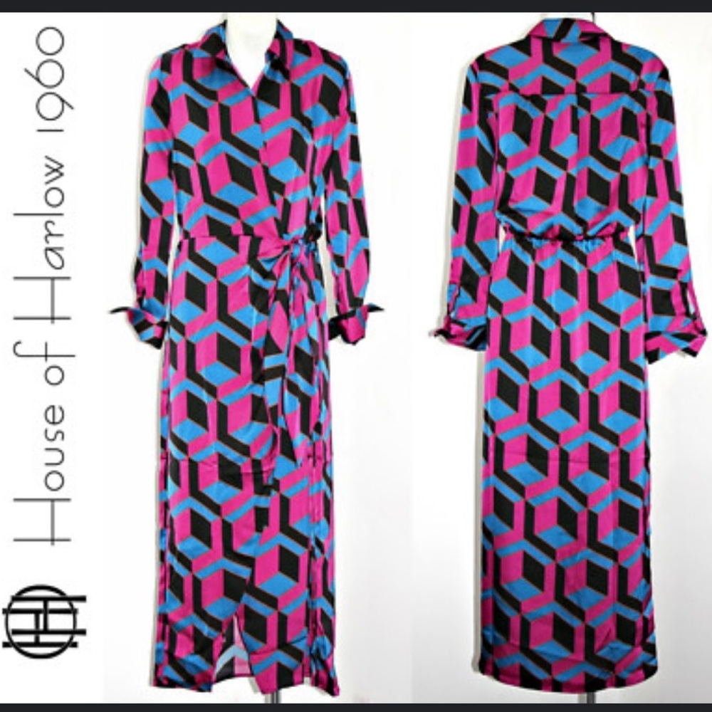 House of Harlow 1960 Satin Wrap Geometric Print Dress XS